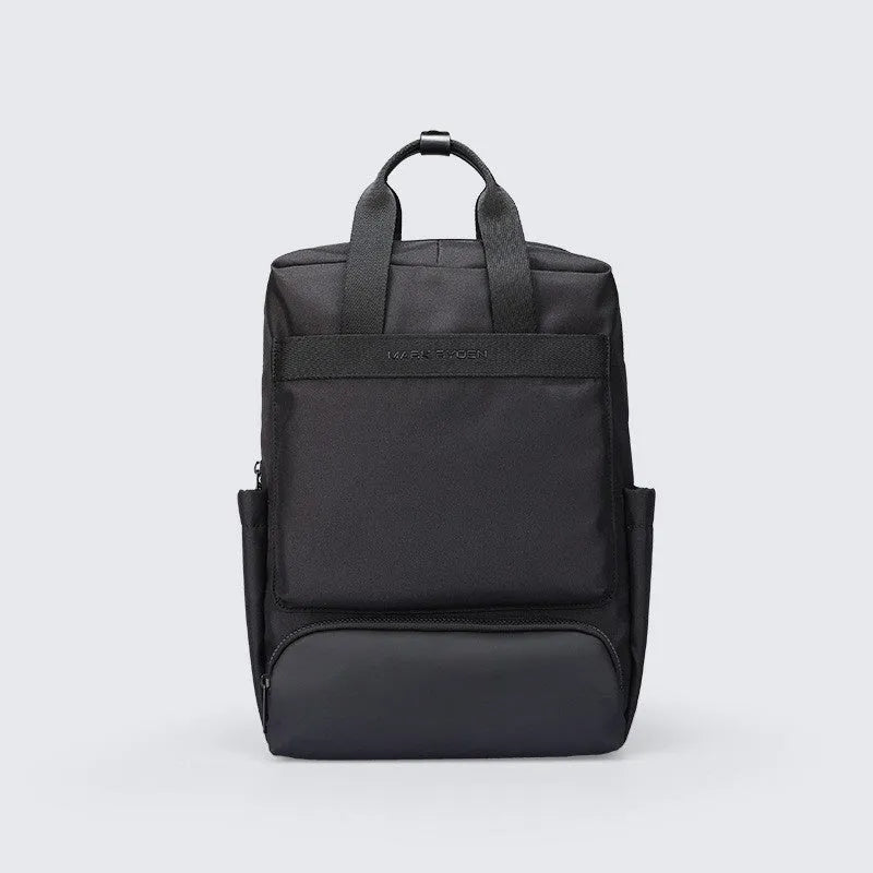 Black oxford cloth computer backpack with multiple compartments showing 20-35 litre capacity