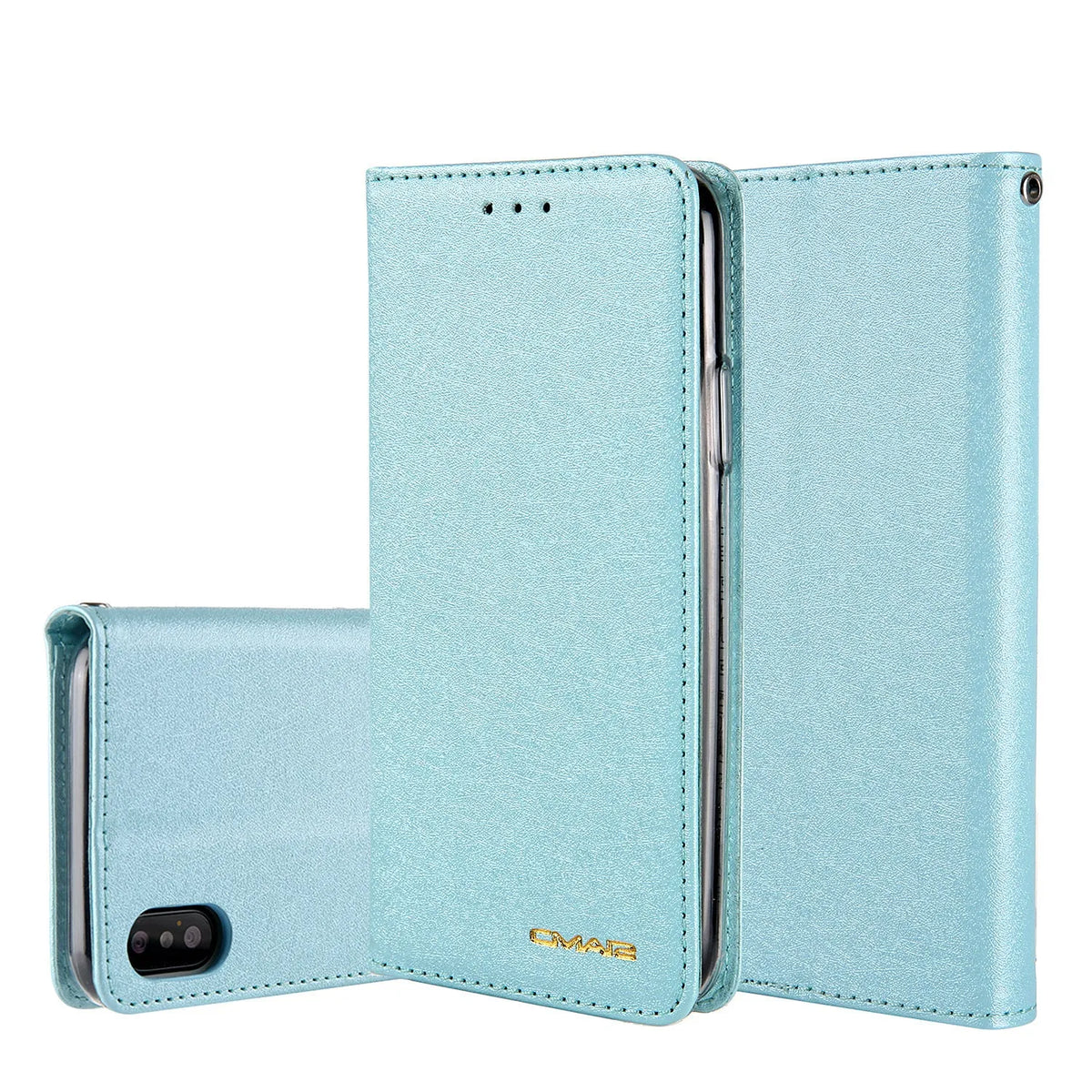 Apple iPhone flip wallet case with card slots in PU leather, shown in multiple colour options