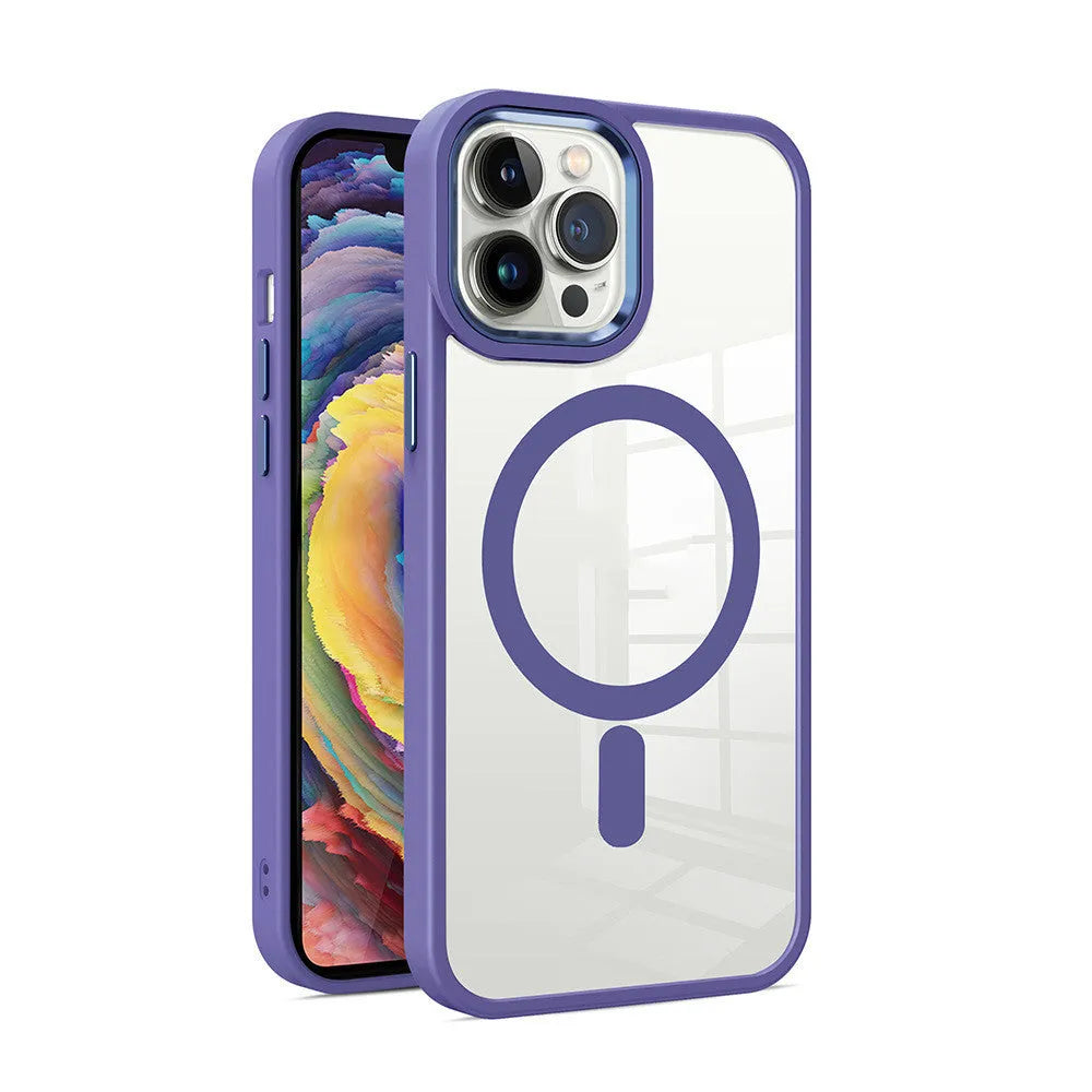 Transparent magnetic silicone iPhone case showing colour options including green, red, and blue