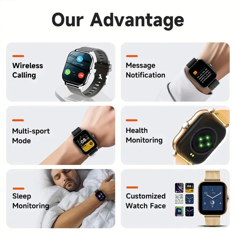 Smart watch with 1.44-inch touchscreen displaying health metrics and call interface on silicone wrist strap