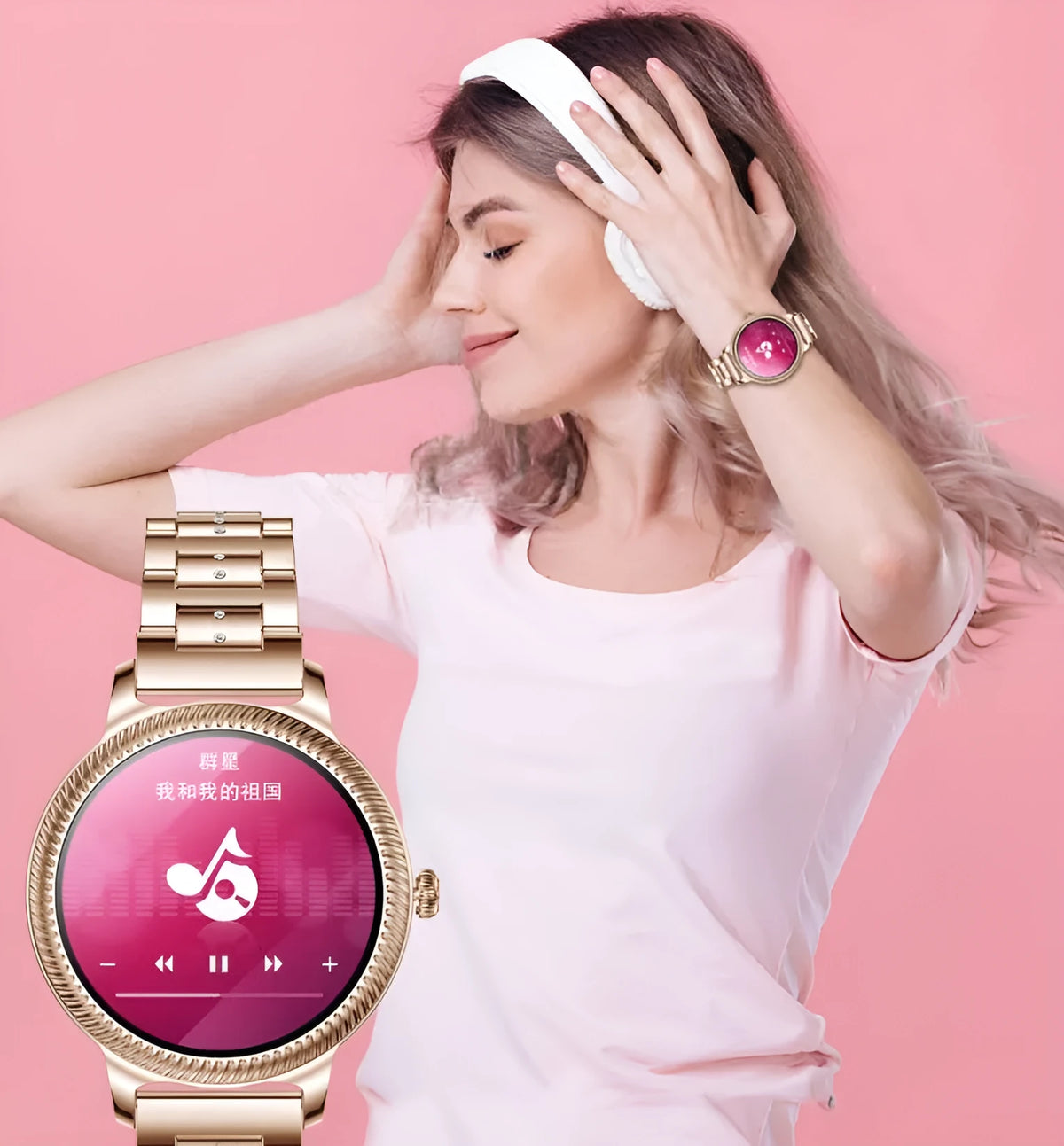 AK38 ladies smart watch with stainless steel band on wrist, showing its 1.09 inch colour screen.