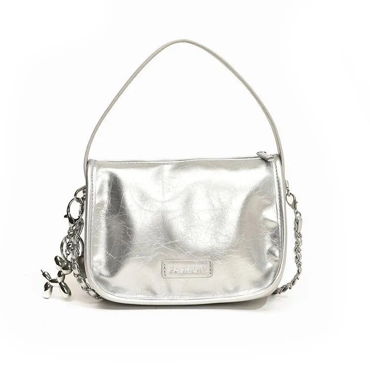 Korean style casual shoulder bag in PU, 19.5 x 15 x 9 cm, single strap, sandwich pocket, shown in white red black silver