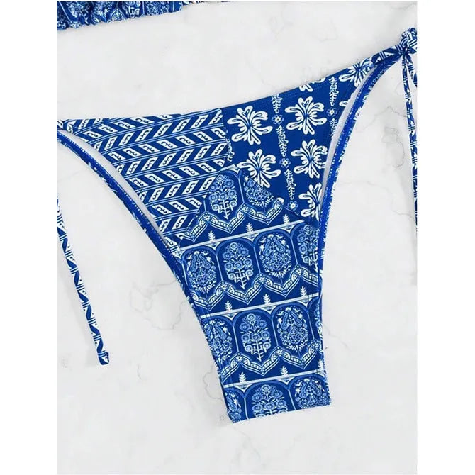 Split bikini bandage swimsuit with printing and stitching detail in polyester fabric