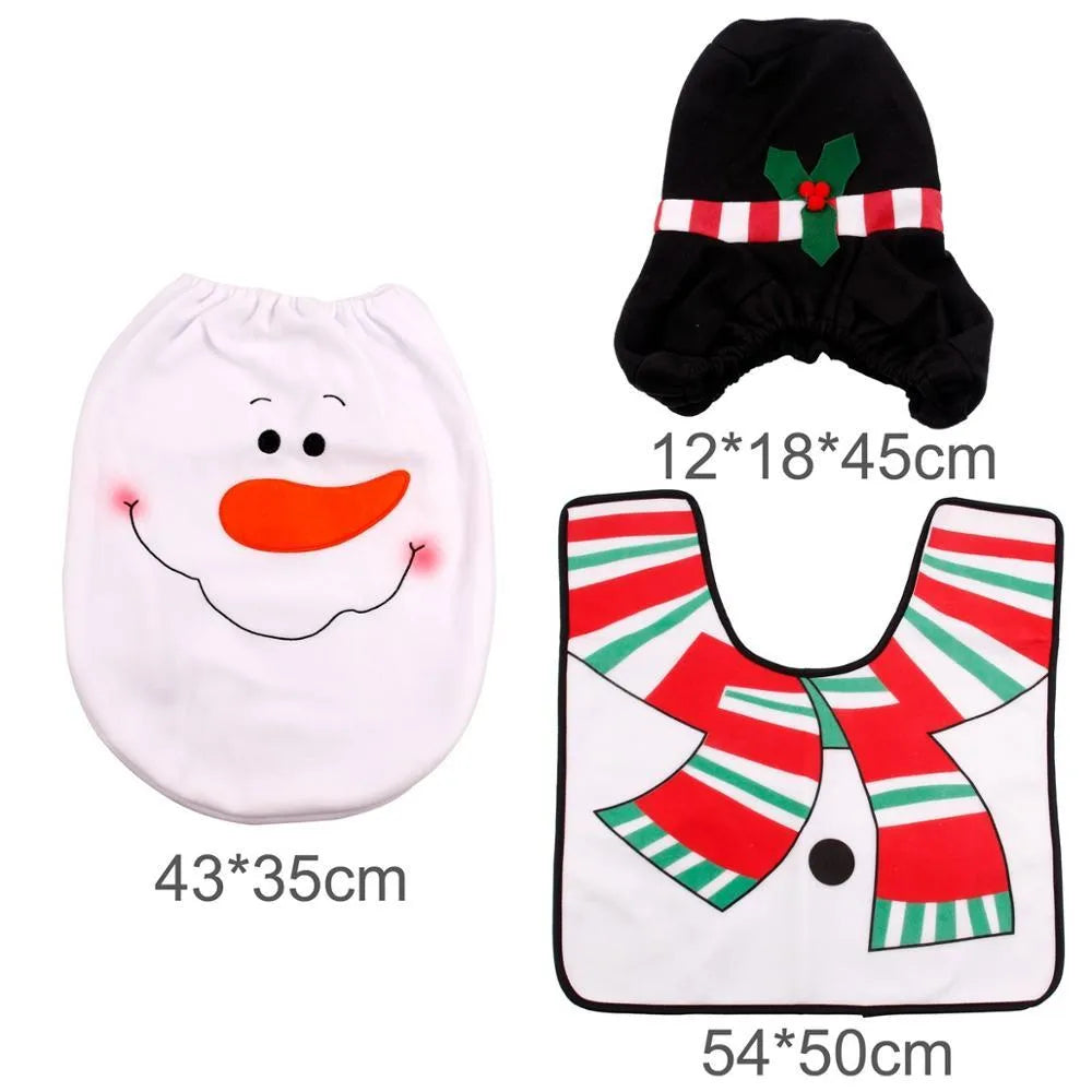 Christmas bathroom decoration set with flannel toilet cover, floor mat, and shower curtain in Santa design