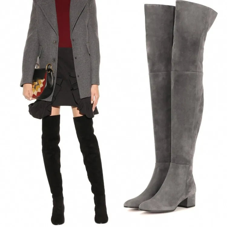 Grey suede women's flat over-the-knee boots with pointed toe and low thick heel