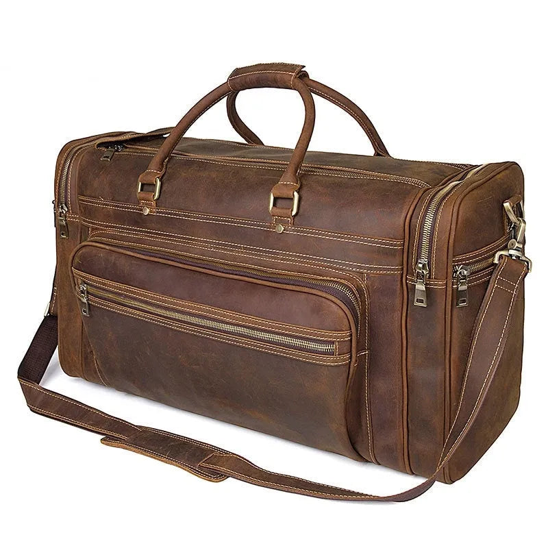 Crazy horse leather crossbody travel bag in dark brown with first layer cowhide, 36-55L capacity, for leisure travel