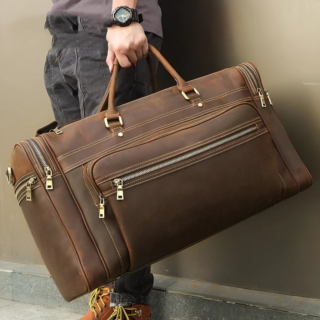 Crazy horse leather crossbody travel bag in dark brown with first layer cowhide, 36-55L capacity, for leisure travel
