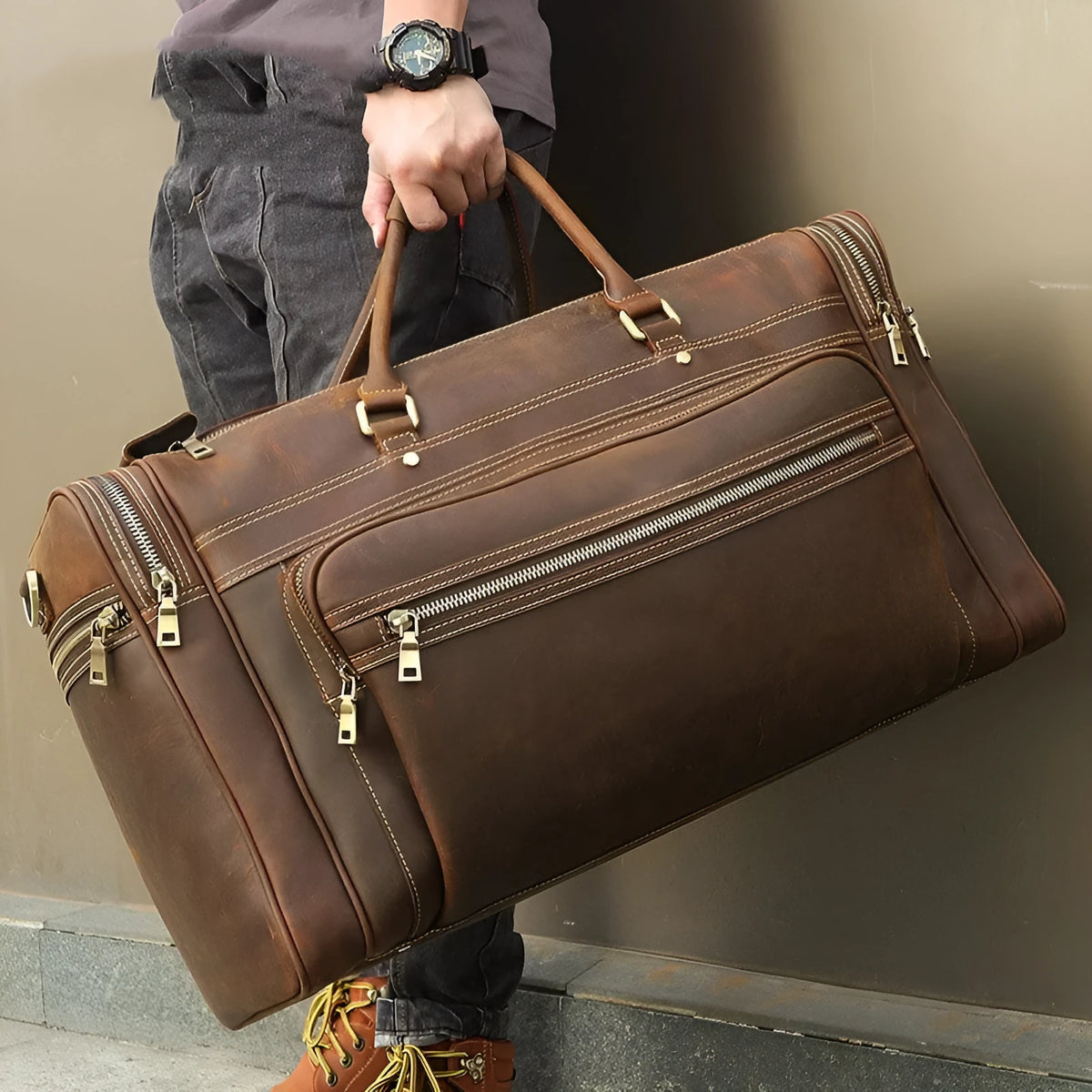 Crazy horse leather crossbody travel bag in dark brown with first layer cowhide, 36-55L capacity, for leisure travel