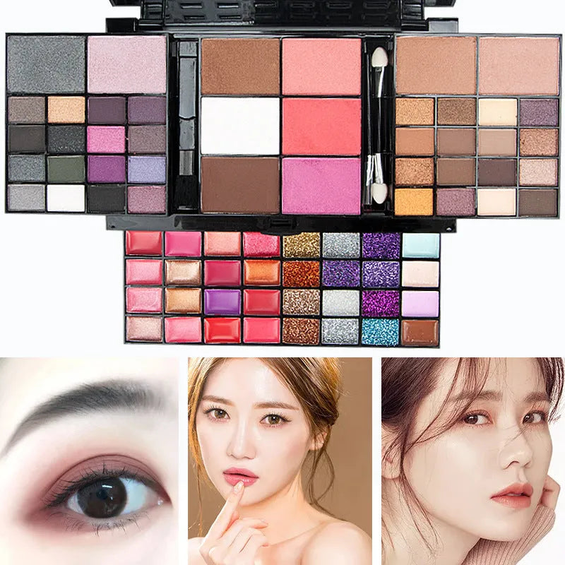 74 colour makeup palette open showing eyeshadows, lip glosses, and face powders with a mirror and brushes.