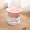 Blue ceramic raised pet bowl with floral pattern and non-slip base for cats and small dogs