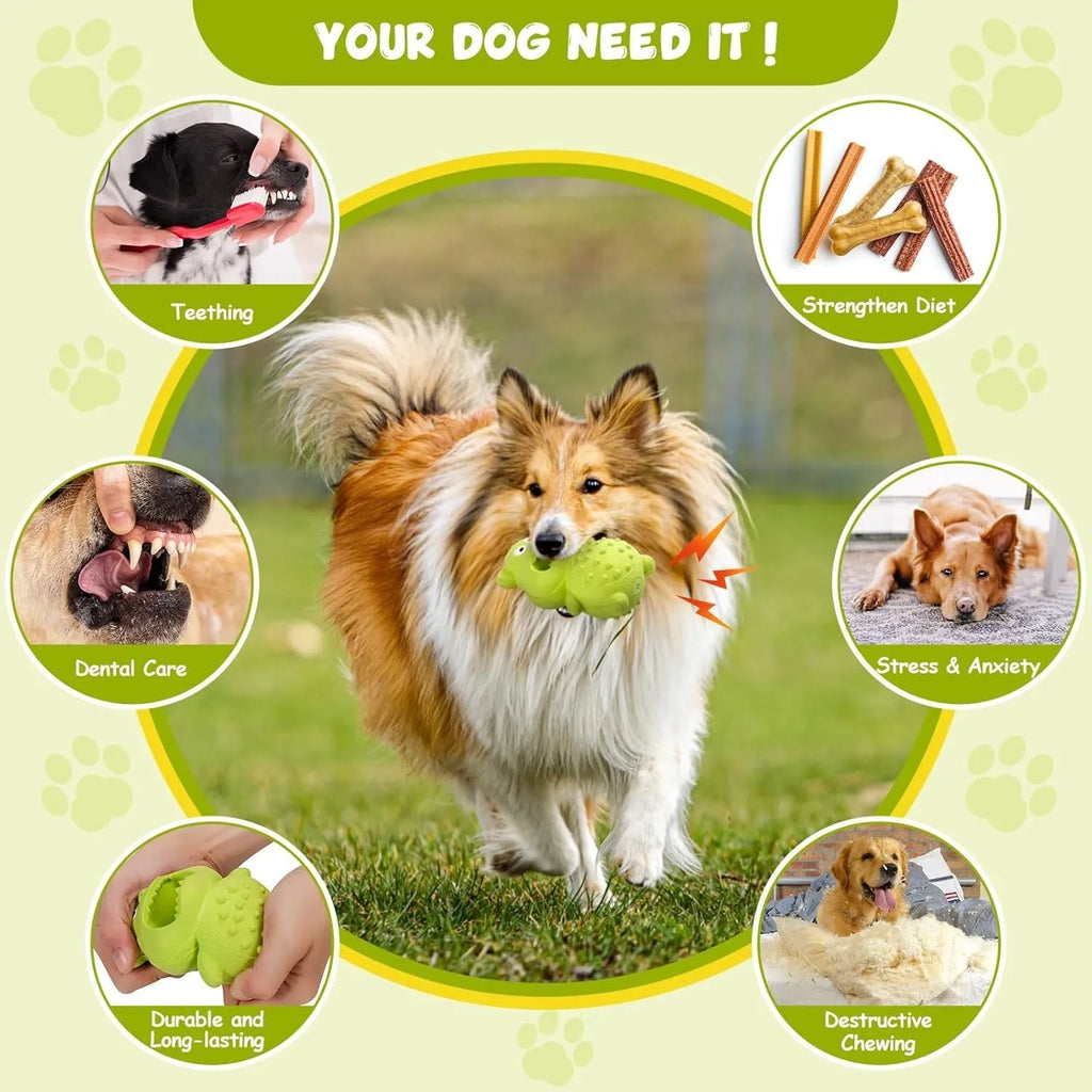 Green and yellow natural rubber squeaky dog toy for large breed aggressive chewers.