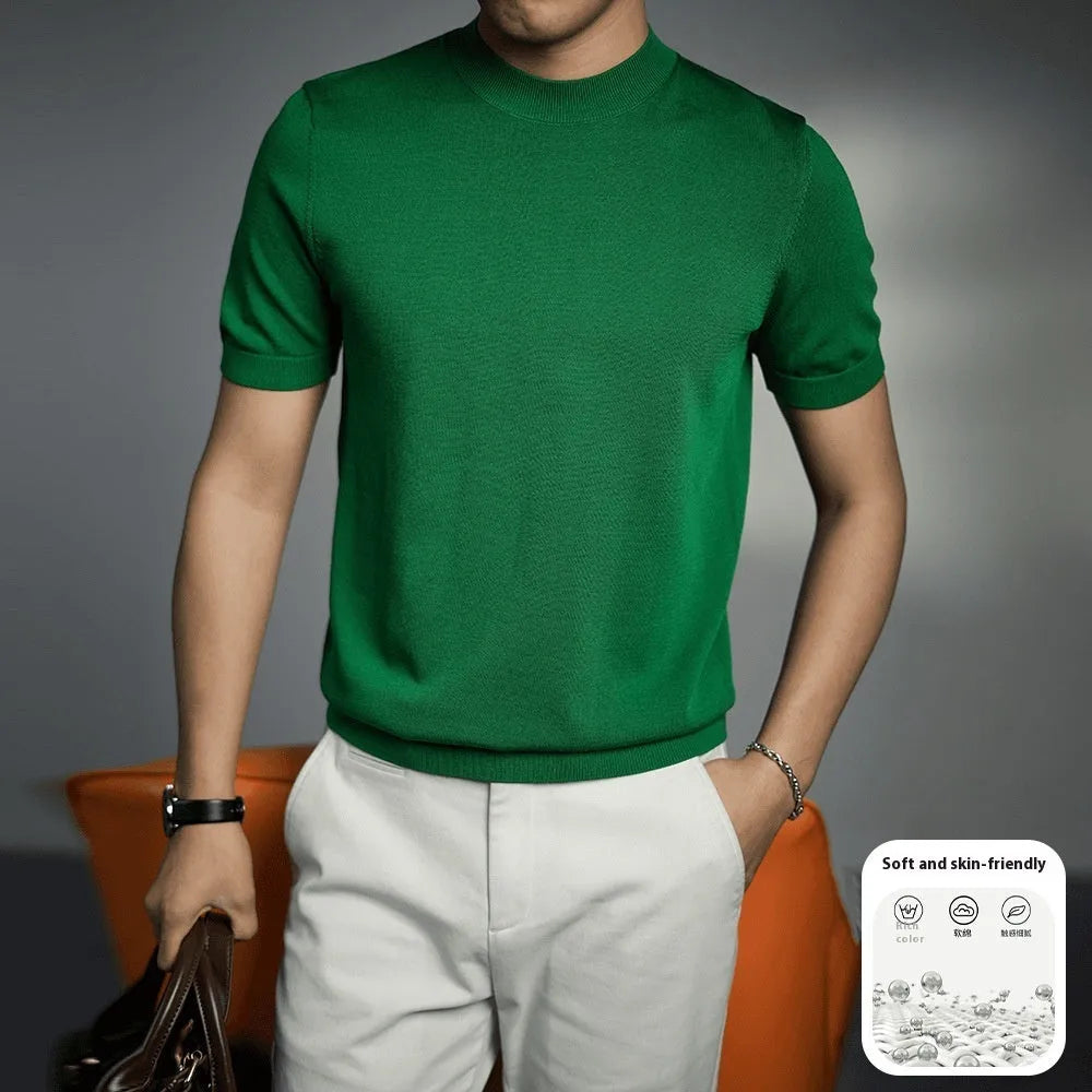 Men's solid colour knitted T-shirt with round neck and short sleeves in business gentleman style
