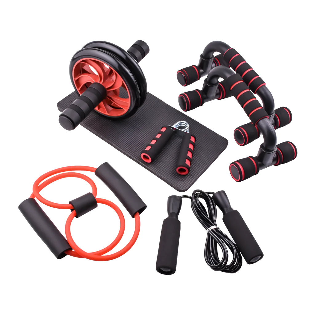 Set of seven coloured abdominal wheel push-up brackets for indoor fitness training