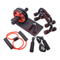 Set of seven coloured abdominal wheel push-up brackets for indoor fitness training