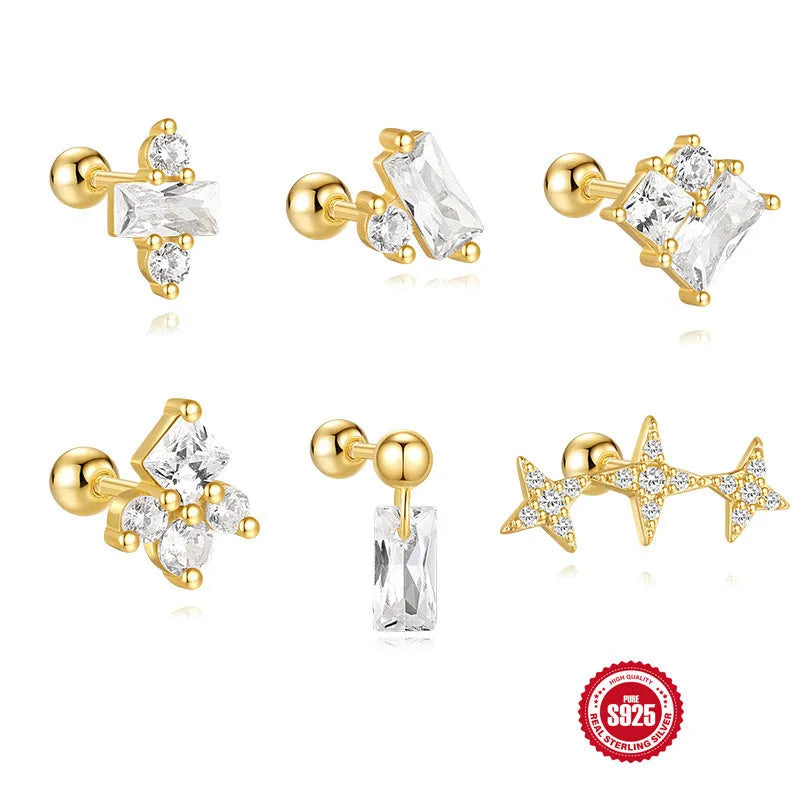 S925 sterling silver women's flower stud earrings with red gravel square setting and gold colour finish