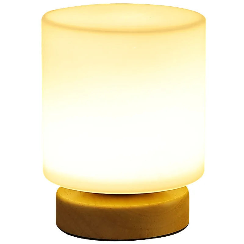 Nordic style USB table lamp with solid wood base and white flower-shaped light
