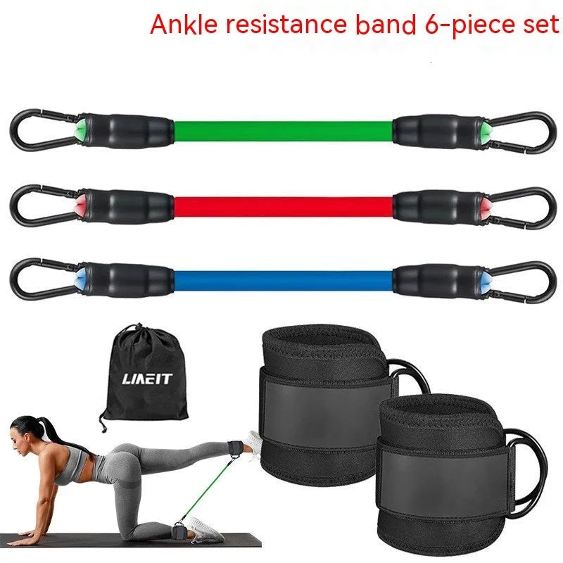 Set of three TPE resistance bands in 10, 20, 30 pound tensions with two black foot loops and a storage bag.