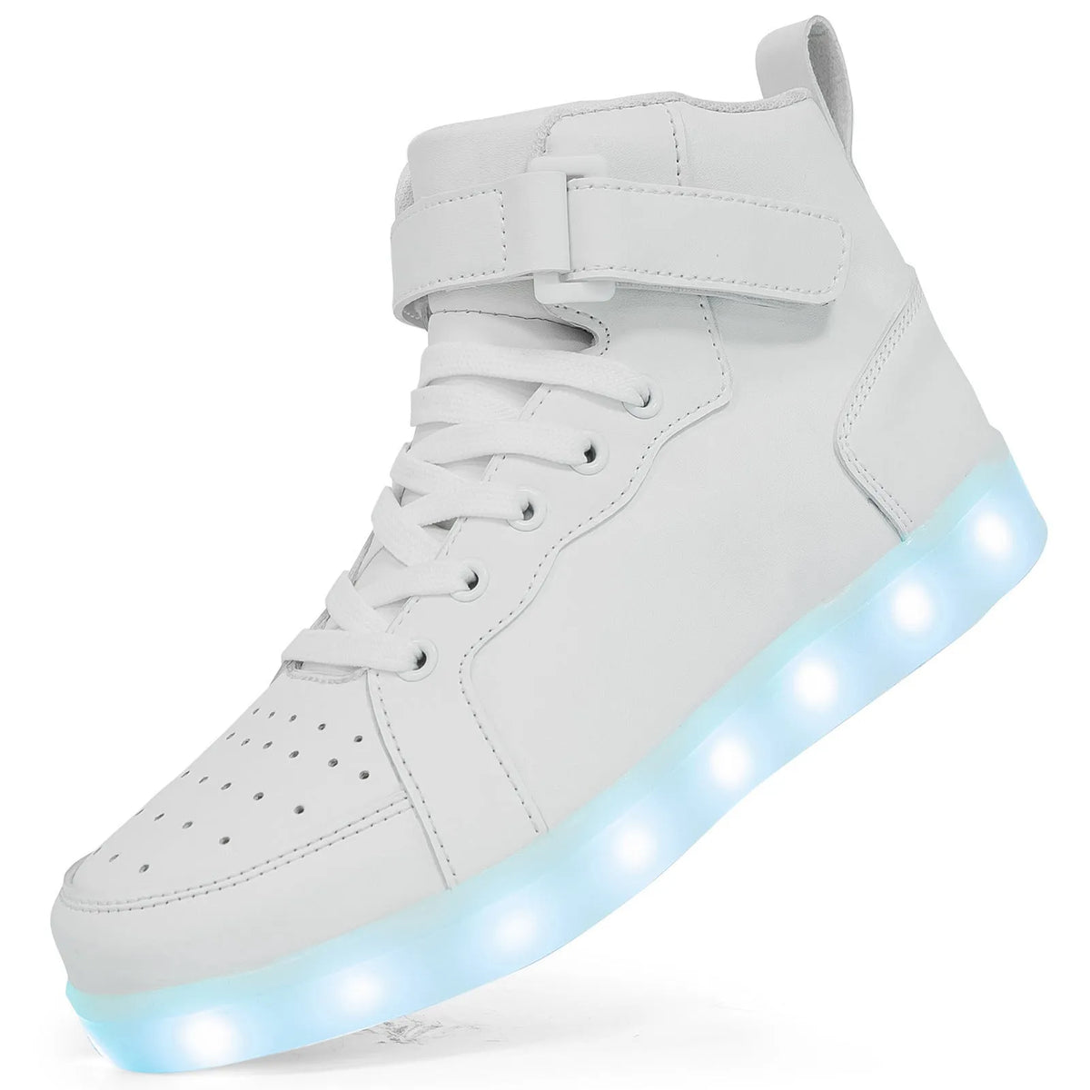 Black LED light-up high-top shoes with Velcro strap and glowing sole.