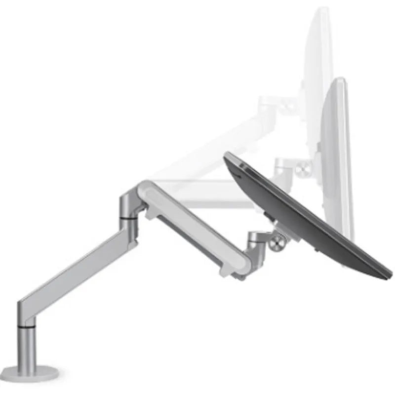 Silver aluminium laptop stand with adjustable air pressure arm bracket elevating a laptop
