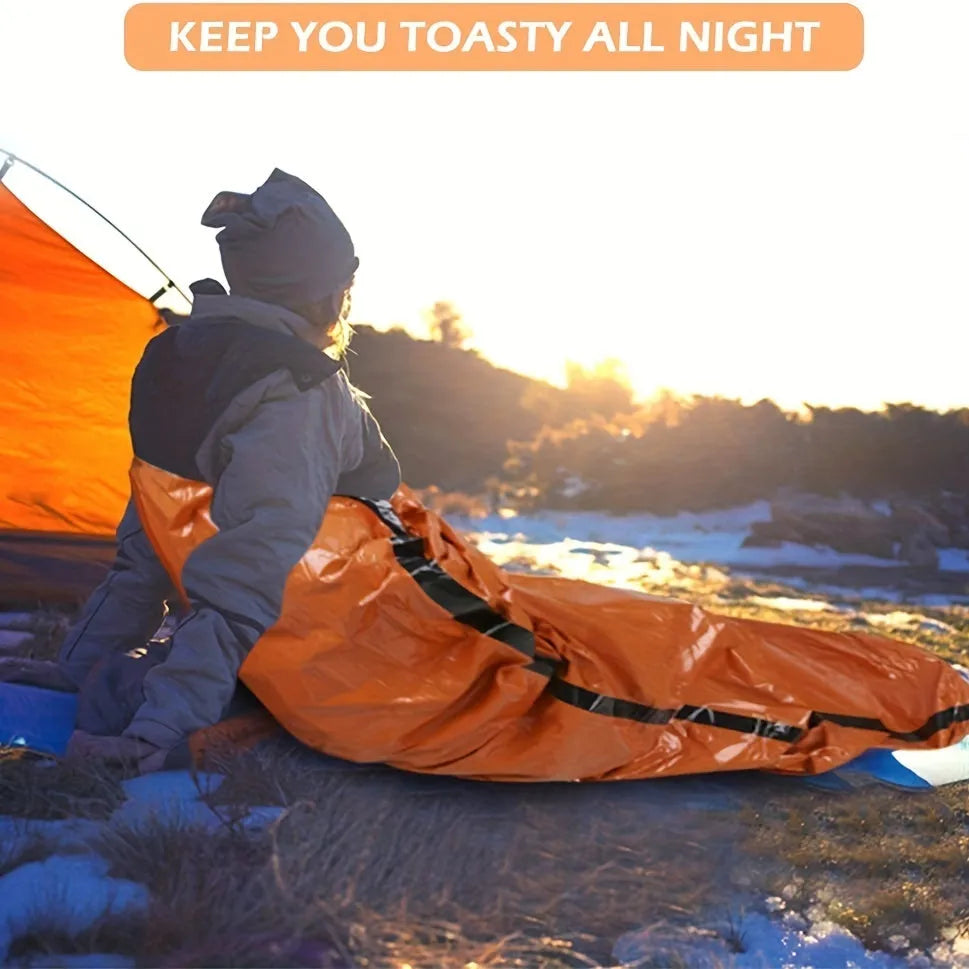Portable emergency sleeping bag, blanket, and tent in green or orange, thermal and waterproof for camping and survival