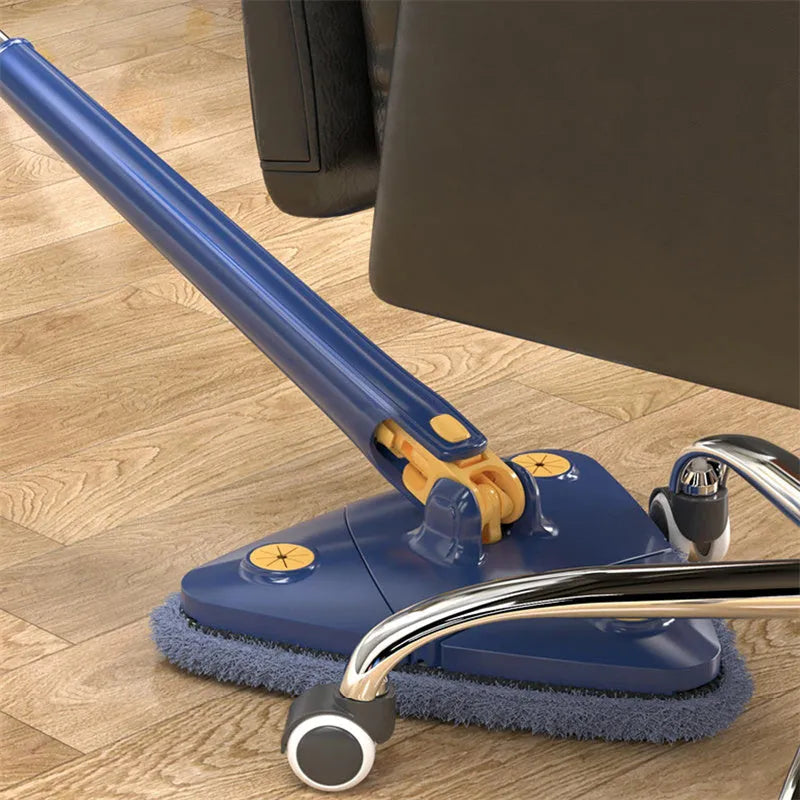 Blue triangle cleaning mop with rotating head and extendable stainless steel pole