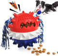 Blue red and yellow ball-shaped dog toy with treat dispenser hole and rope attachment
