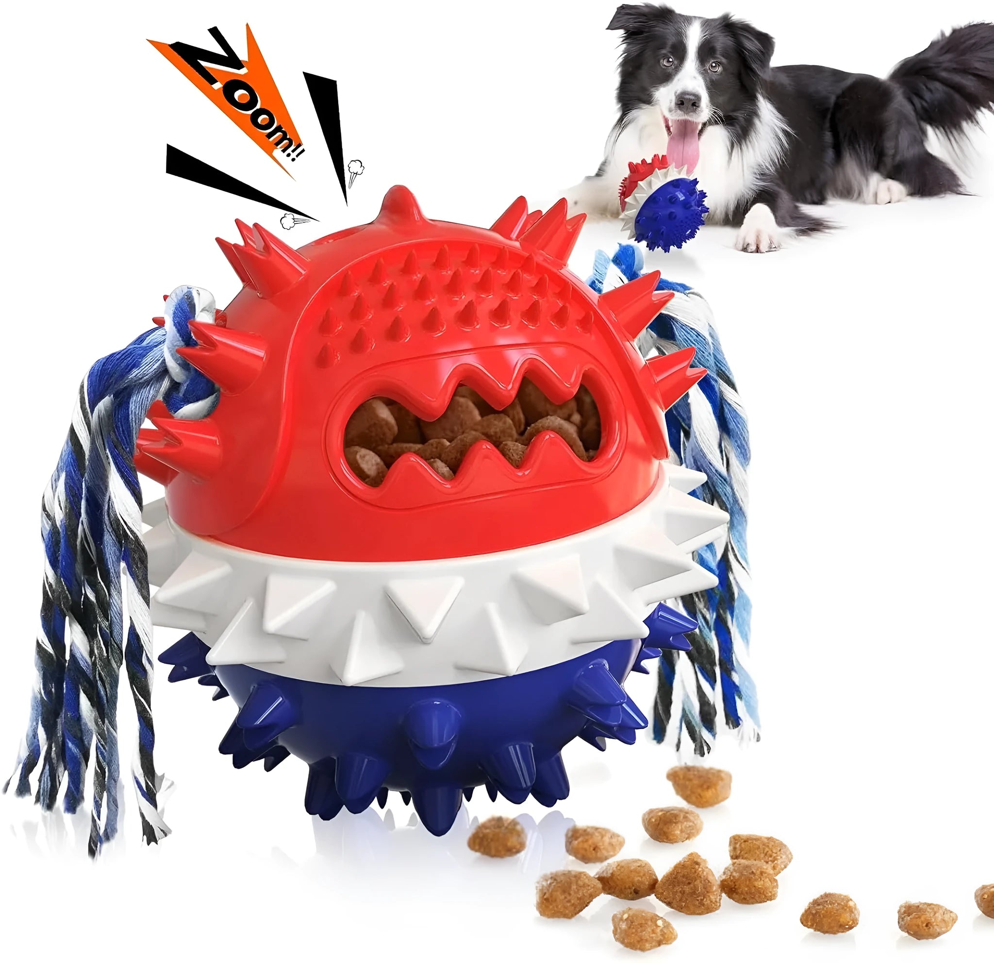 Blue red and yellow ball-shaped dog toy with treat dispenser hole and rope attachment