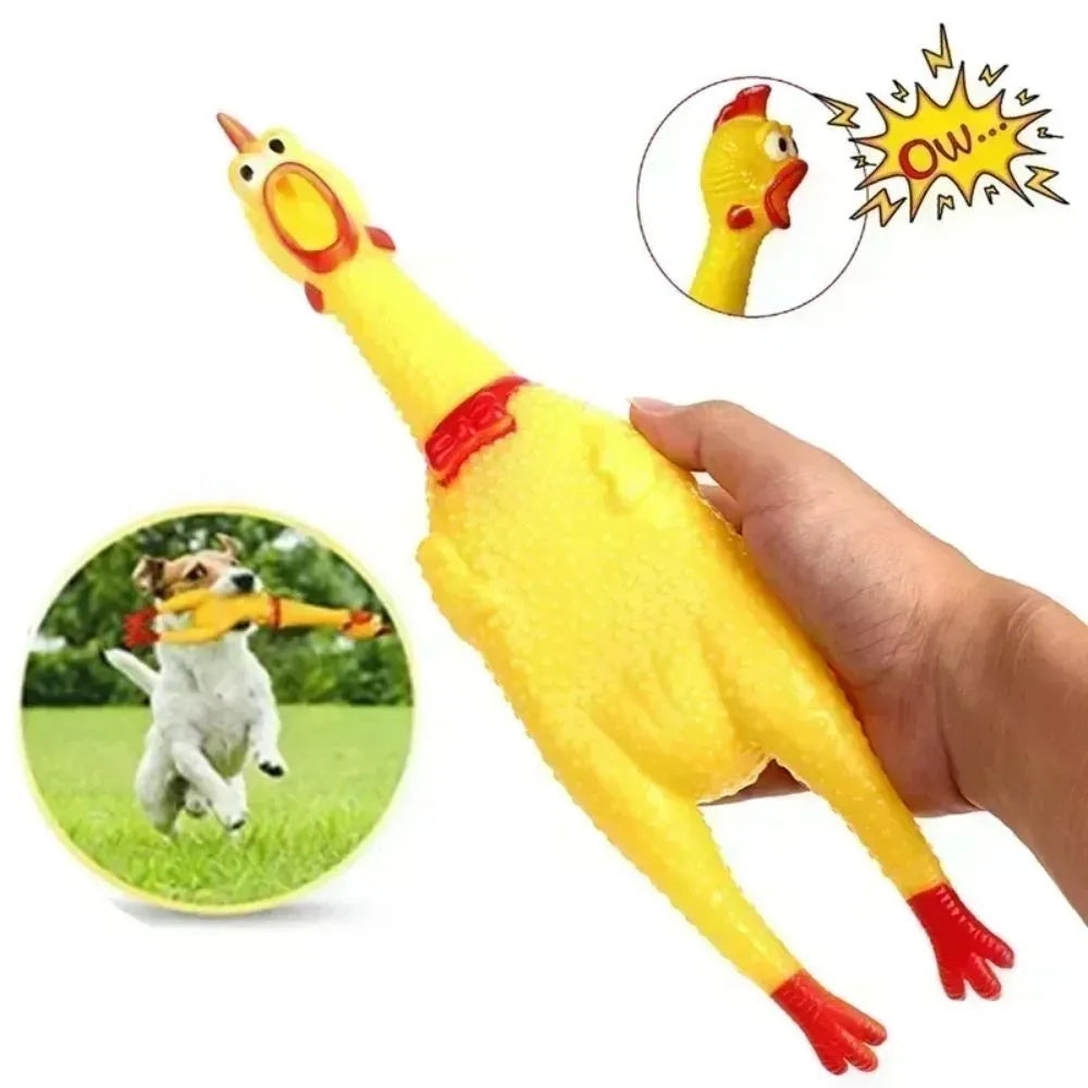 Yellow rubber screaming chicken dog squeaky toy shown in three different sizes
