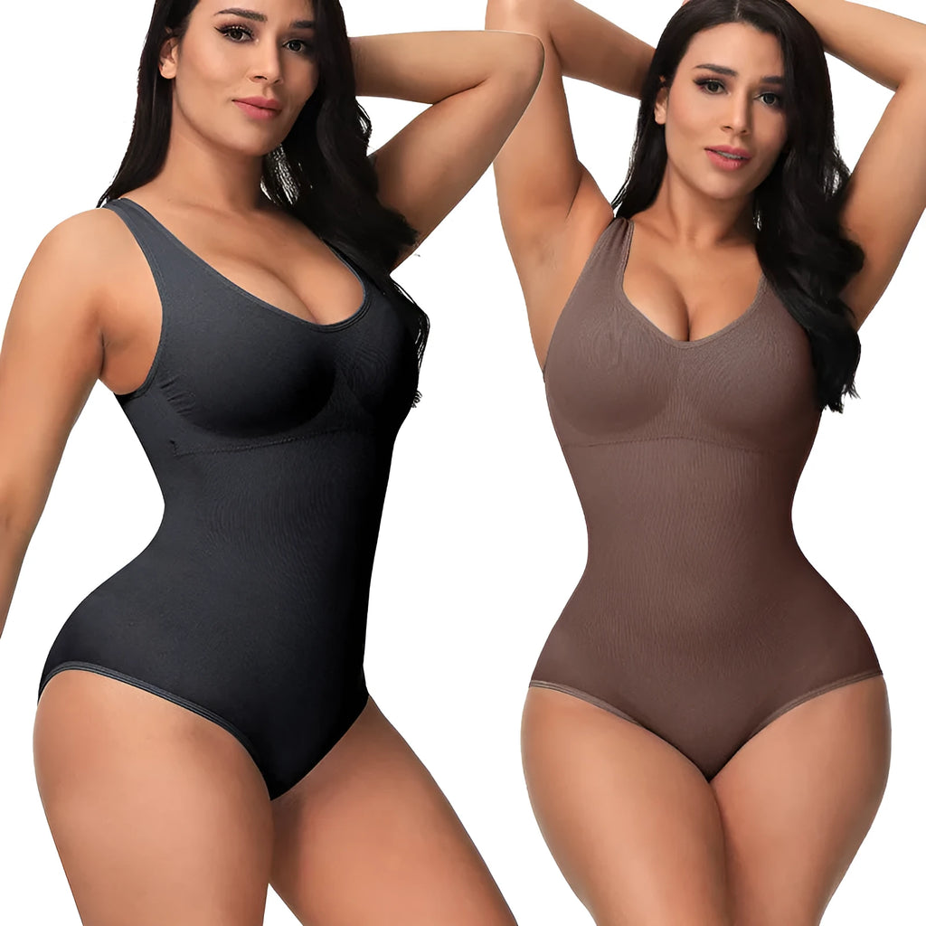 Green seamless women's nylon bodysuit shapewear on a hanger