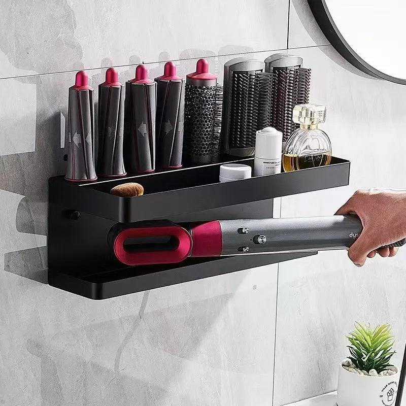 White two-layer aluminium bathroom storage rack holding Marcel wavers without drilling required