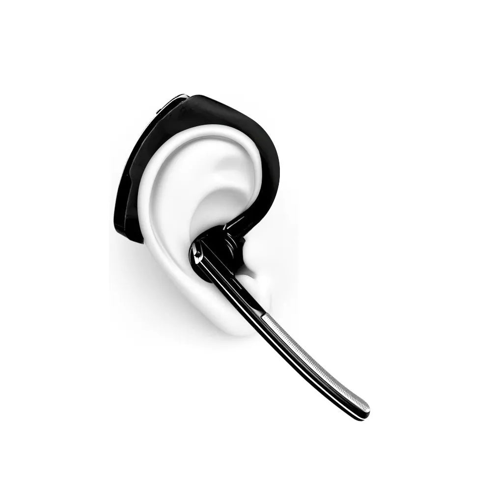 V9 Jerry wireless Bluetooth headset with earbud and charging cable on a dark background