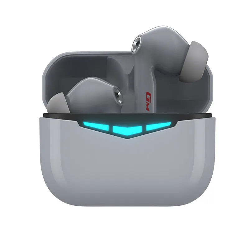True wireless gaming Bluetooth headphones in black, pink, white, or grey with charging case and silicone eartips.
