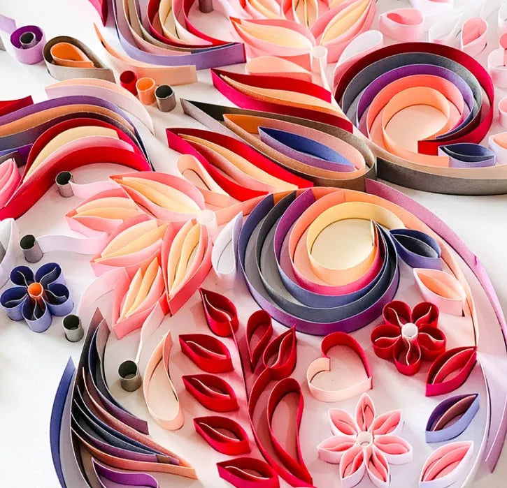 20 inch blue and pink butterfly quilling papercraft illustration pack with glue, scissors, awl, and tweezers