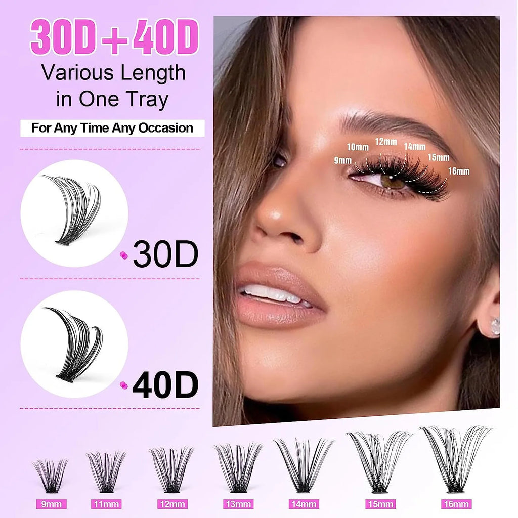 DIY cluster lashes mixed package with 30D and 40D high-grade fibre false eyelashes ranging 9-16mm with tweezers