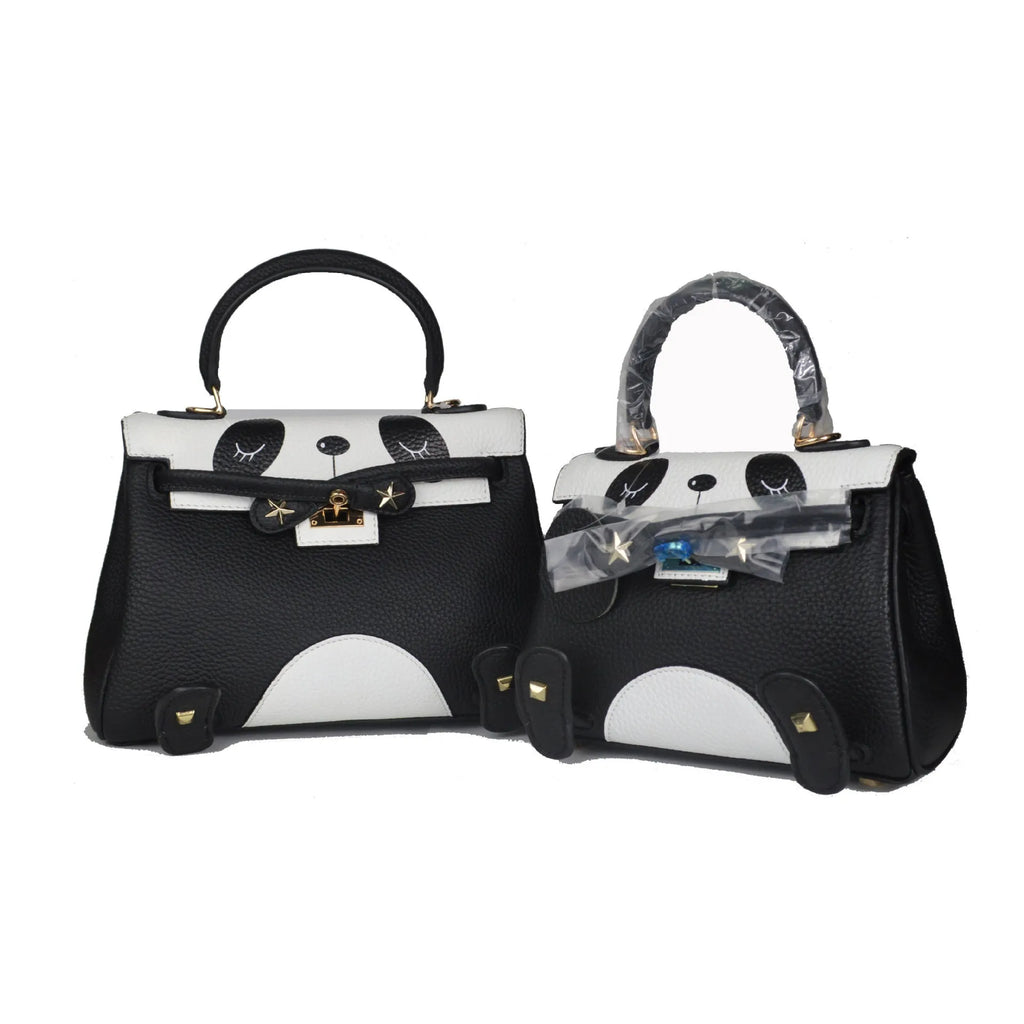Panda print cow leather handbag in horizontal square shape with sweet lady style