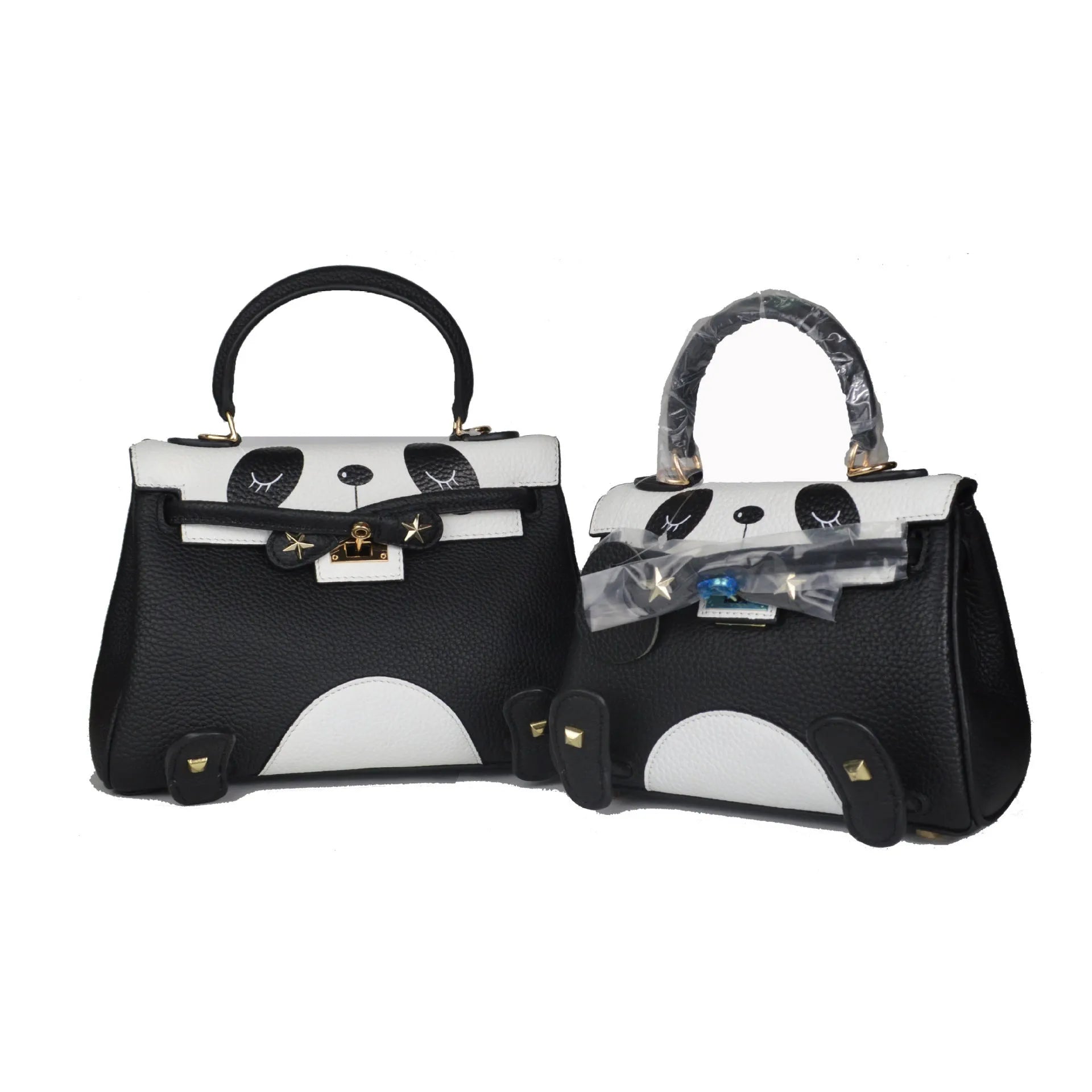 Panda print cow leather handbag in horizontal square shape with sweet lady style