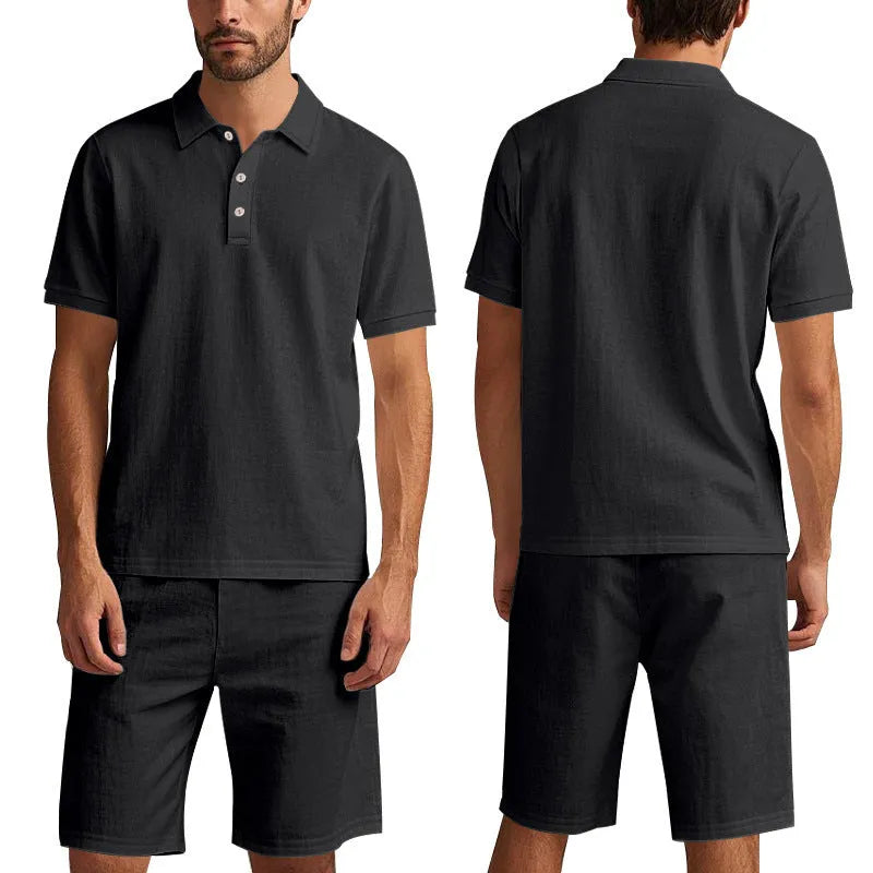 Men's loose linen-blend shorts set in light blue with short sleeve shirt and matching shorts