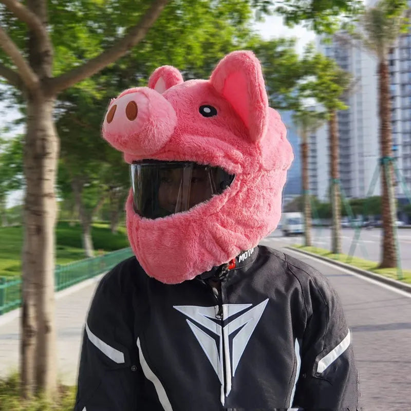Pink pig cartoon plush hood for motorcycle helmet protection with matching storage sleeve