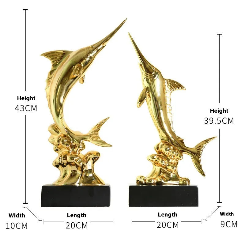 Detailed resin European swordfish decoration in a choice of four colours on a shelf.