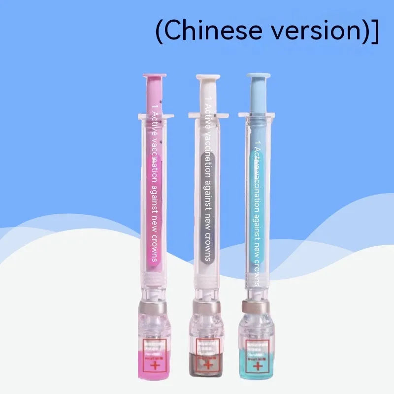 Creative vaccine pen design gel pen with 0.5mm black refill, 15.7cm plastic novelty writing instrument