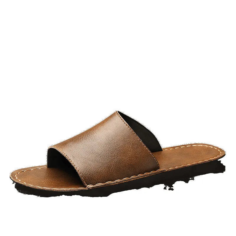 Men's brown leather sandals with rubber soles for outdoor casual wear