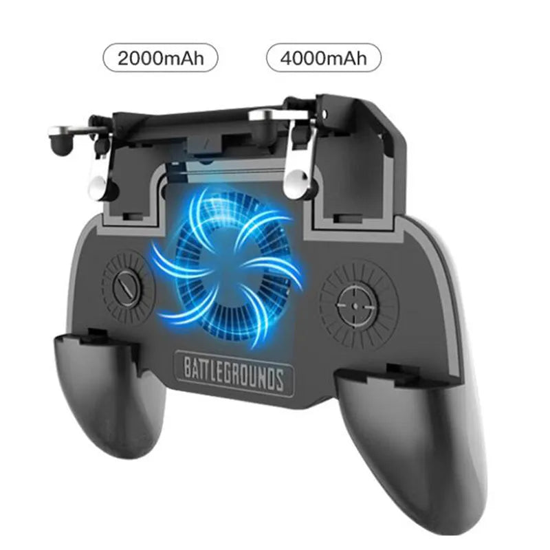 Black mobile game controller with grip and buttons for smartphones on a plain background
