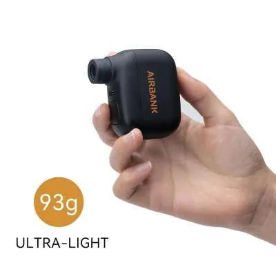 Black mini electric bike pump with USB charging cable and waterproof storage bag for portable bicycle tyre inflation