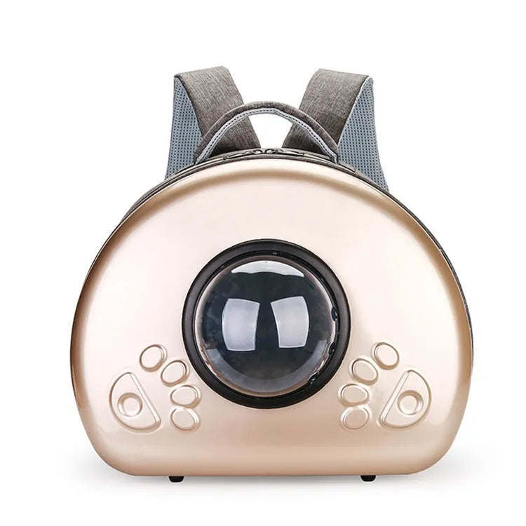 Transparent space capsule style pet carrier bag for cats in a metallic colour with a front shell cover.