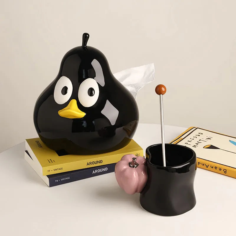 Ceramic pear-shaped tissue box with animal decoration in black or green colour