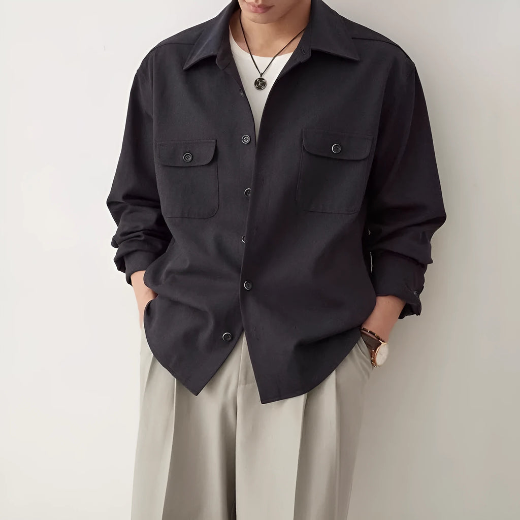 Men's cotton blend long sleeve shirt with simple lapel in light sand rice colour