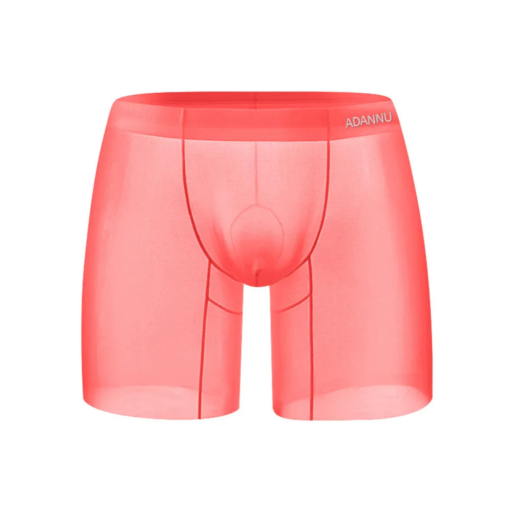 Seamless nylon sports boxer shorts for men in orange, pink, and red colours with low-waist hip-lifting design