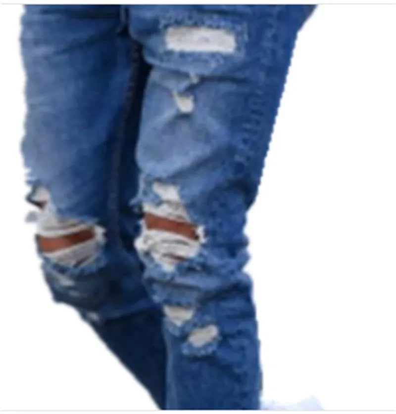Men's deep blue cotton jeans on a hanger, showing the classic five-pocket design.
