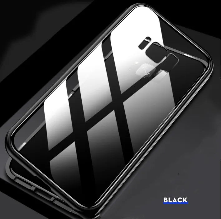 Black anti-peeping magnetic clamshell phone case for Samsung phones shown closed.
