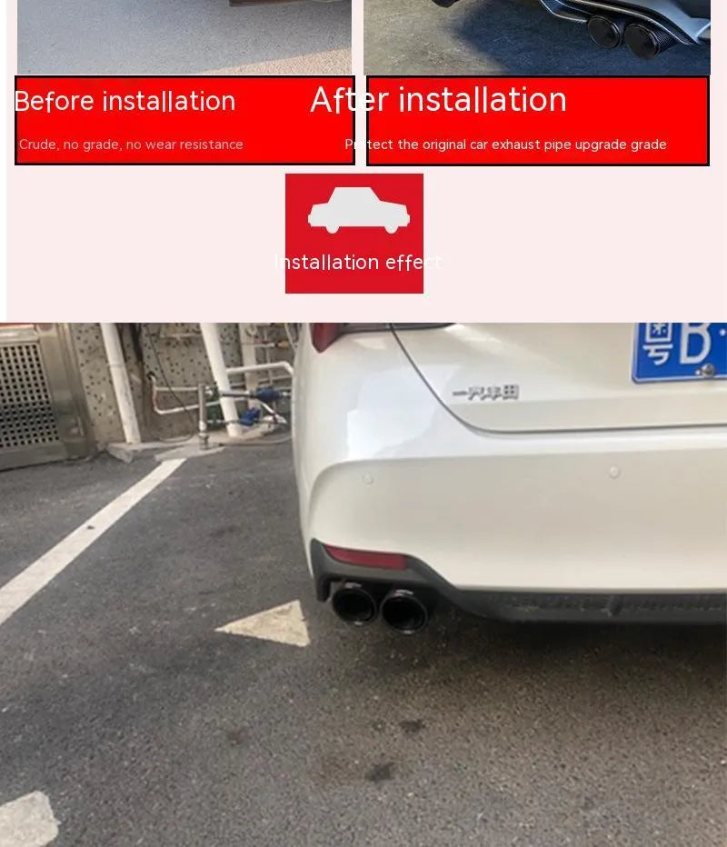 Black carbon fibre car exhaust pipe silencer with twin outlets, length 250mm.